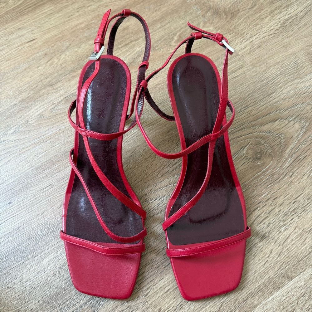 NEW Staud Gita Red Strappy Asymmetrical Heel Sandals - Picture 3 of 5